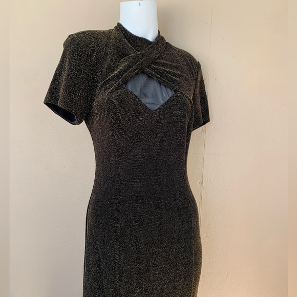 Vintage 90s Gold Peekaboo Evening Dress | Short Sleeve Mockneck Gown w Slit - Picture 5 of 11